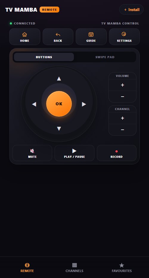 TVMamba web remote open in a phone browser, showing the D-pad, volume, channel and playback controls
