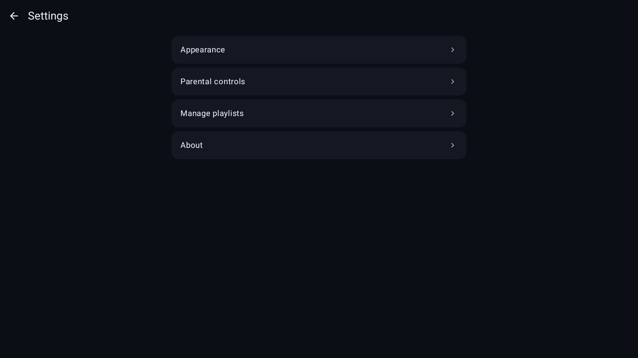 TVMamba settings hub with a category rail and content pane, styled for large screens