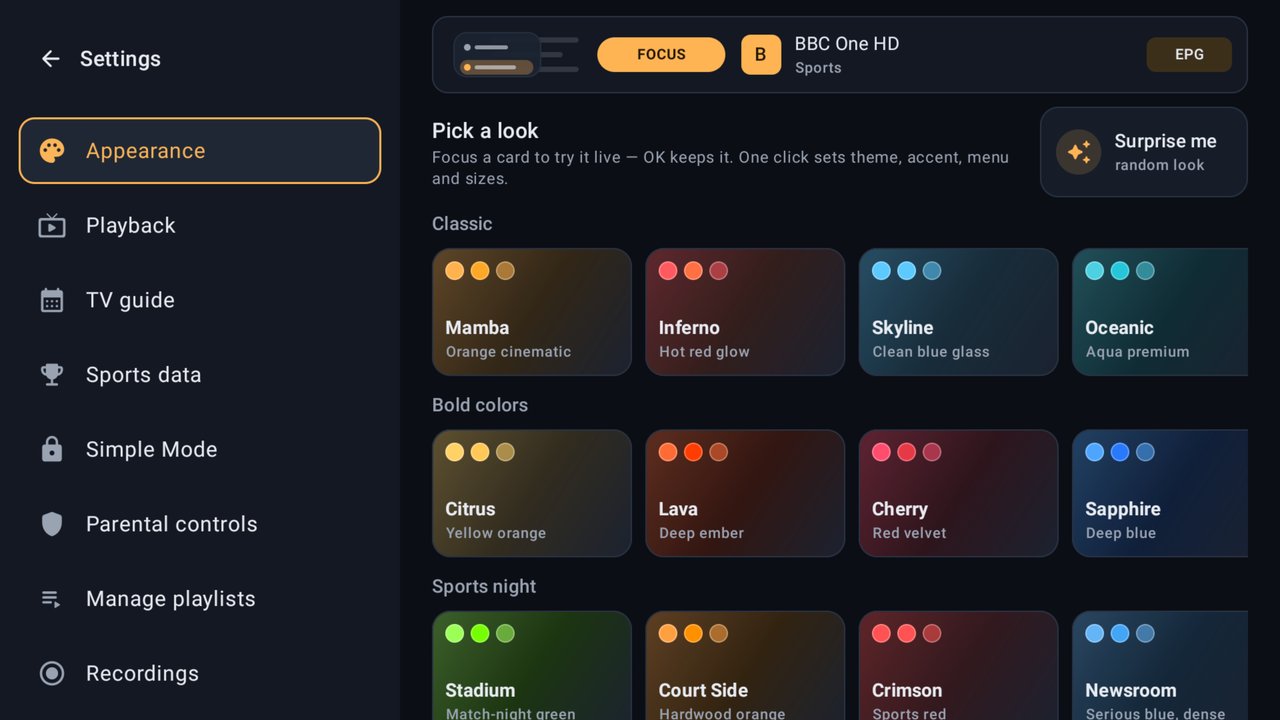 TVMamba appearance settings on Android TV with theme cards such as Mamba, Inferno and Skyline